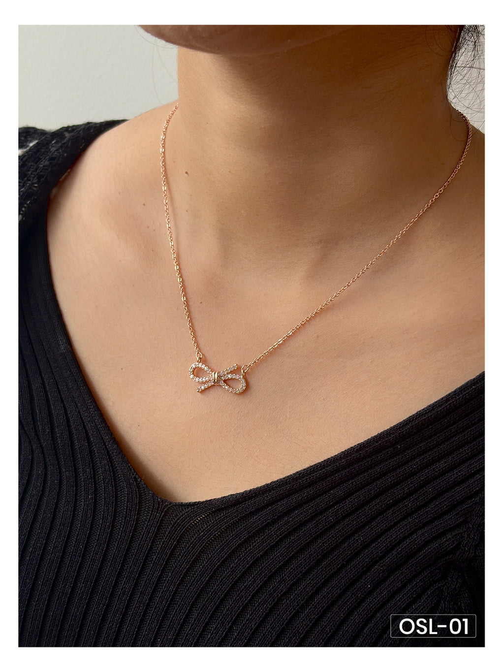 Elegant Bow A.D Diamond Rose Gold Necklace OSL01