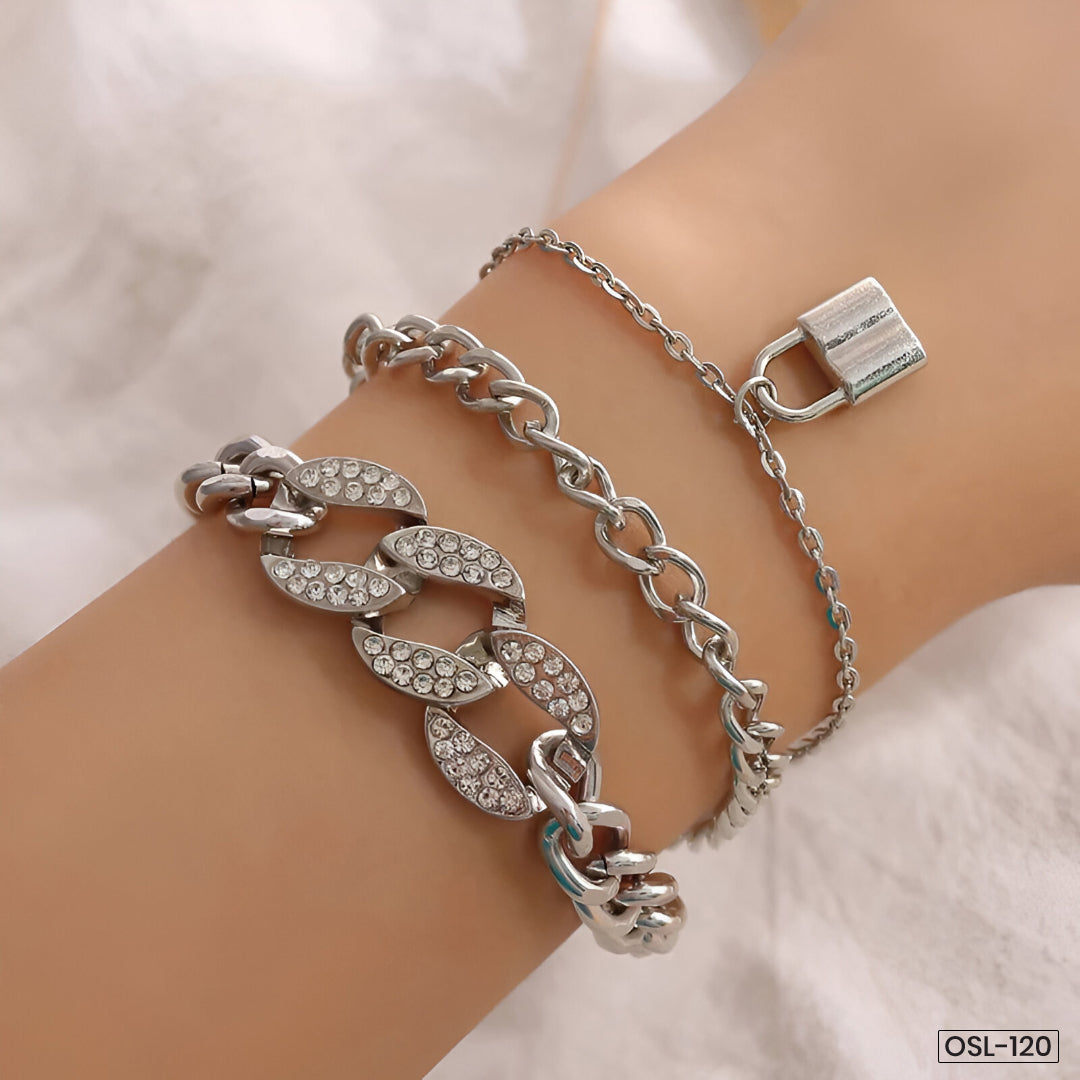 Silver Plated Stone-Studded Lock Multi-Strand Bracelet - OSL120