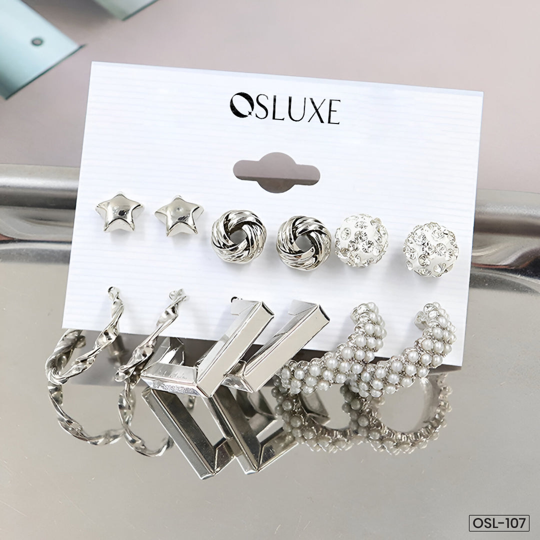 Gold Plated White Studs, Hoops & Drop Earrings Set (Pack of 6) - OSL107