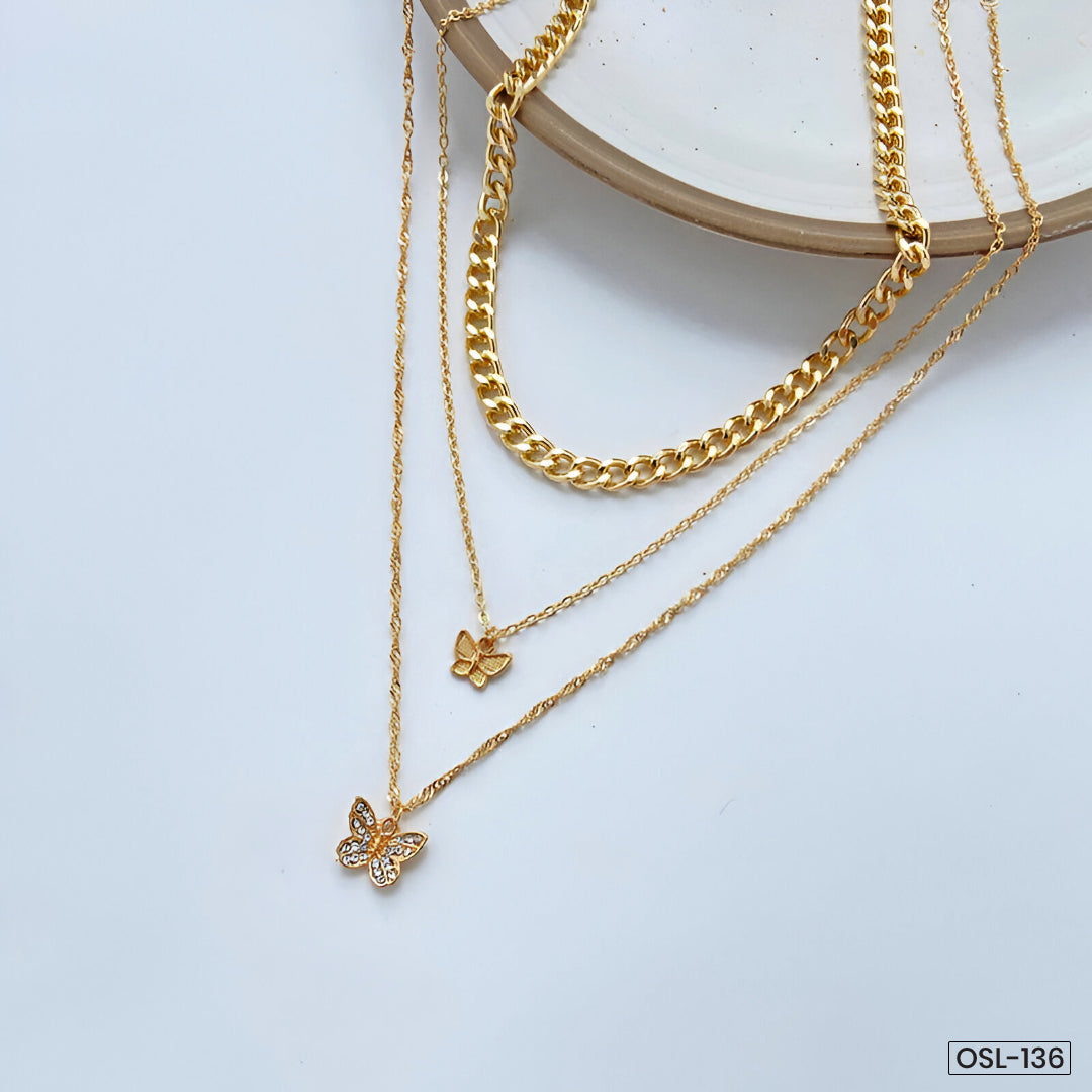 Gold Plated Multi-Strand Butterfly Necklace with American Diamonds for Women - OSL-136