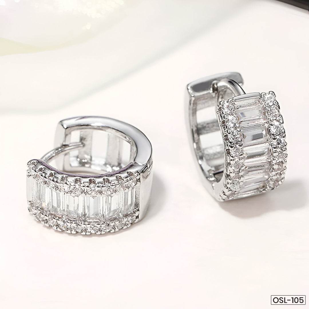 Silver Plated American Diamond Hoop Earrings-OSL105