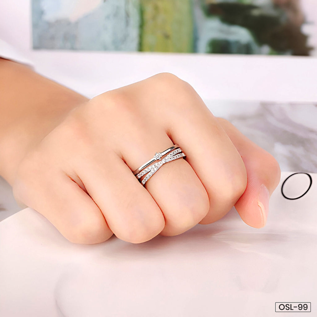 Silver Plated American Diamond Studded Contemporary Korean Finger Ring - OSL-99