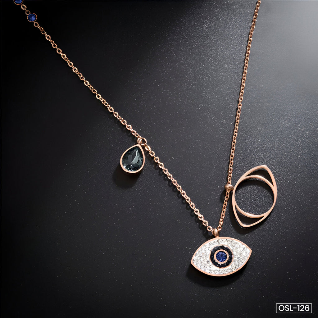 Rose Gold Plated Stainless Steel Evil Eye Pendant Necklace with American Diamonds - OSL-126