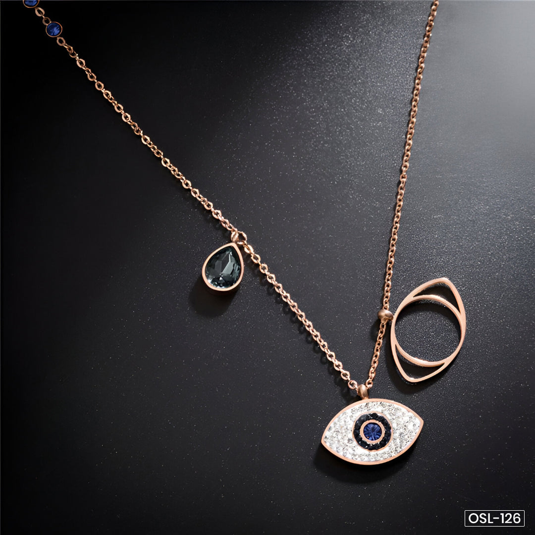 Rose Gold Plated Stainless Steel Evil Eye Pendant Necklace with American Diamonds - OSL-126