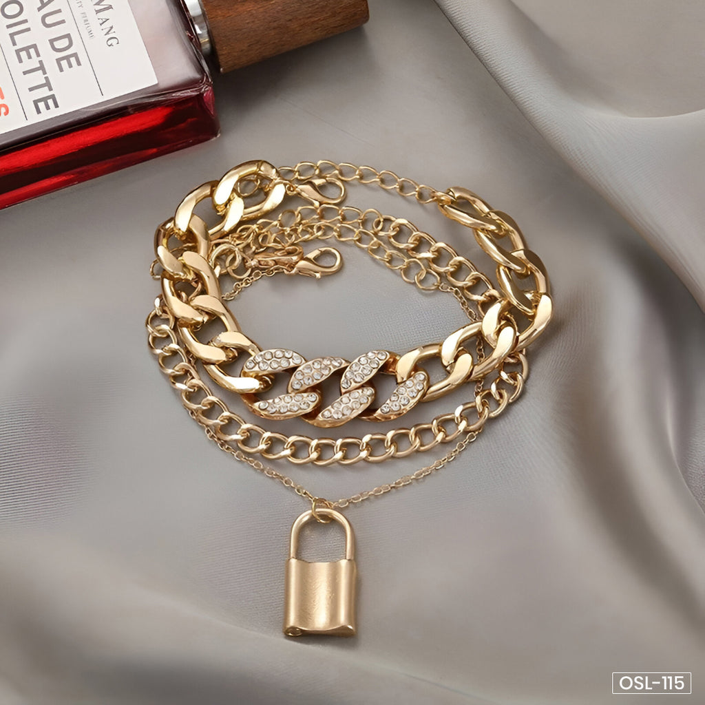 Gold Plated Stone-Studded Lock Multi-Strand Bracelet - OSL115