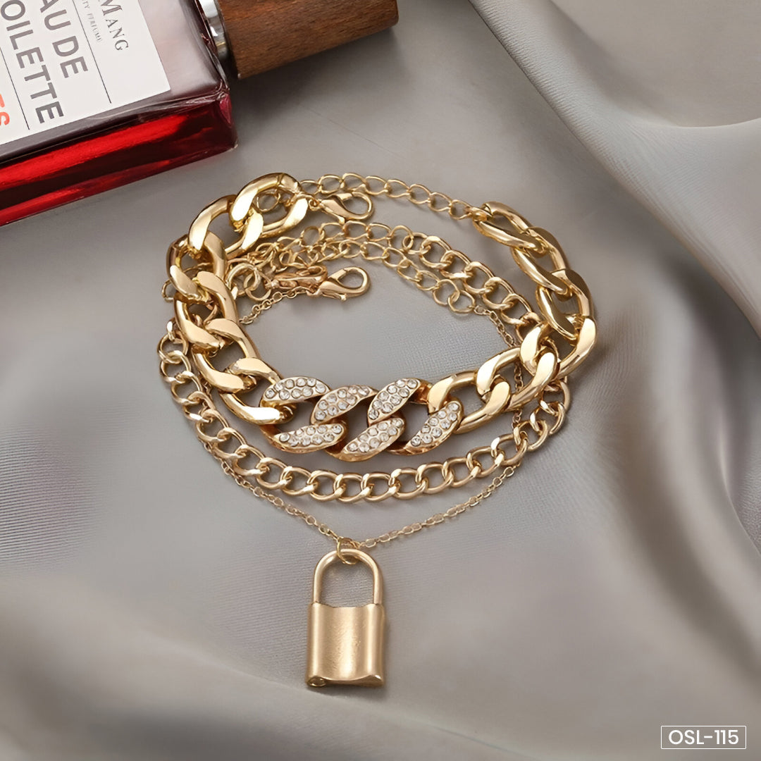 Gold Plated Stone-Studded Lock Multi-Strand Bracelet - OSL115