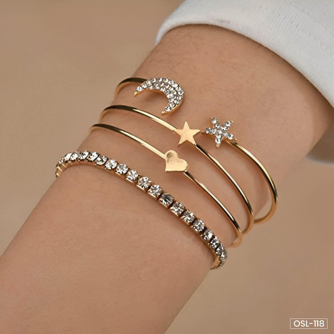 Scintillating American Diamond Star & Moon Bracelet Set (Pack of 4) - OSL118